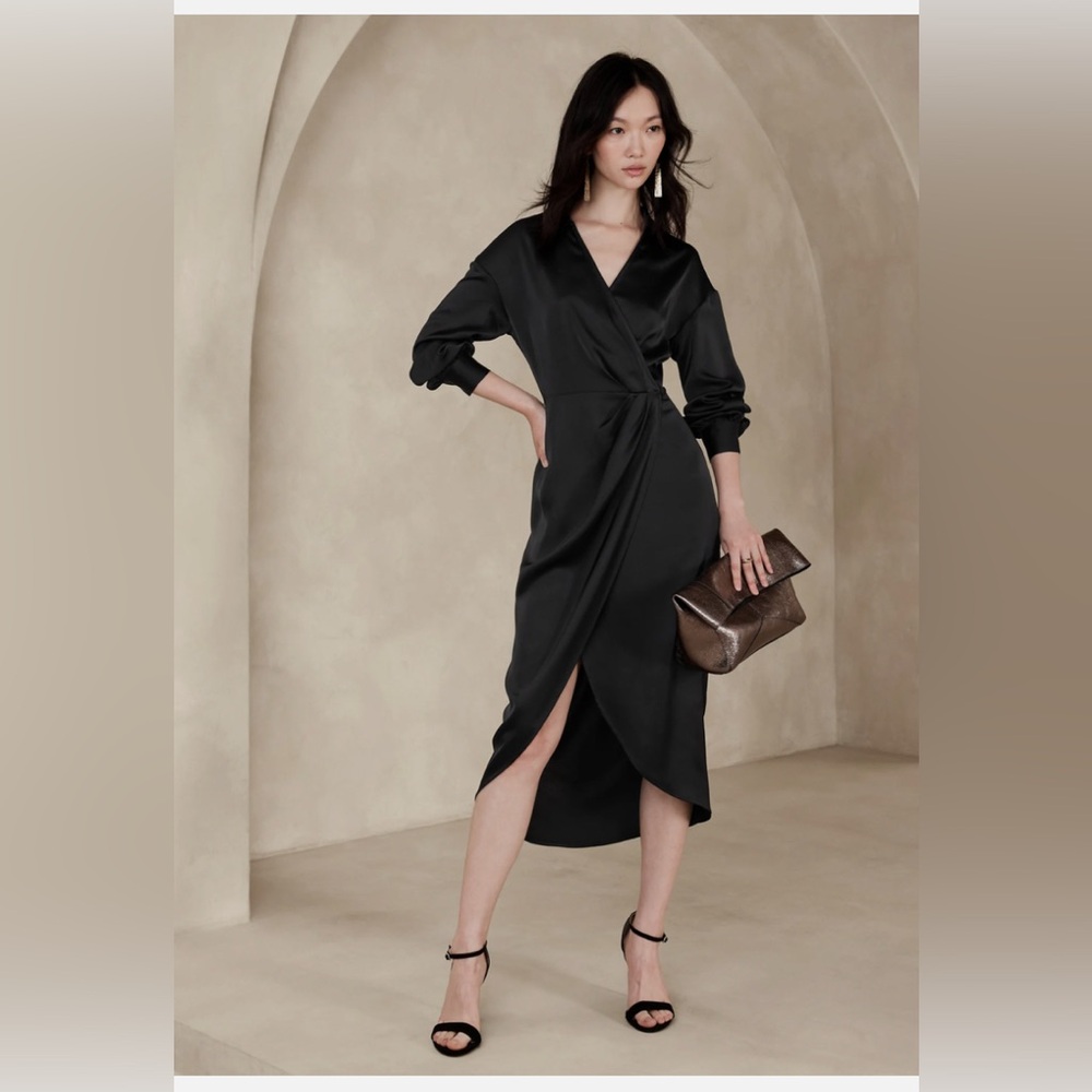 NWT Banana Republic Satin Collar-Wrap Midi Dress